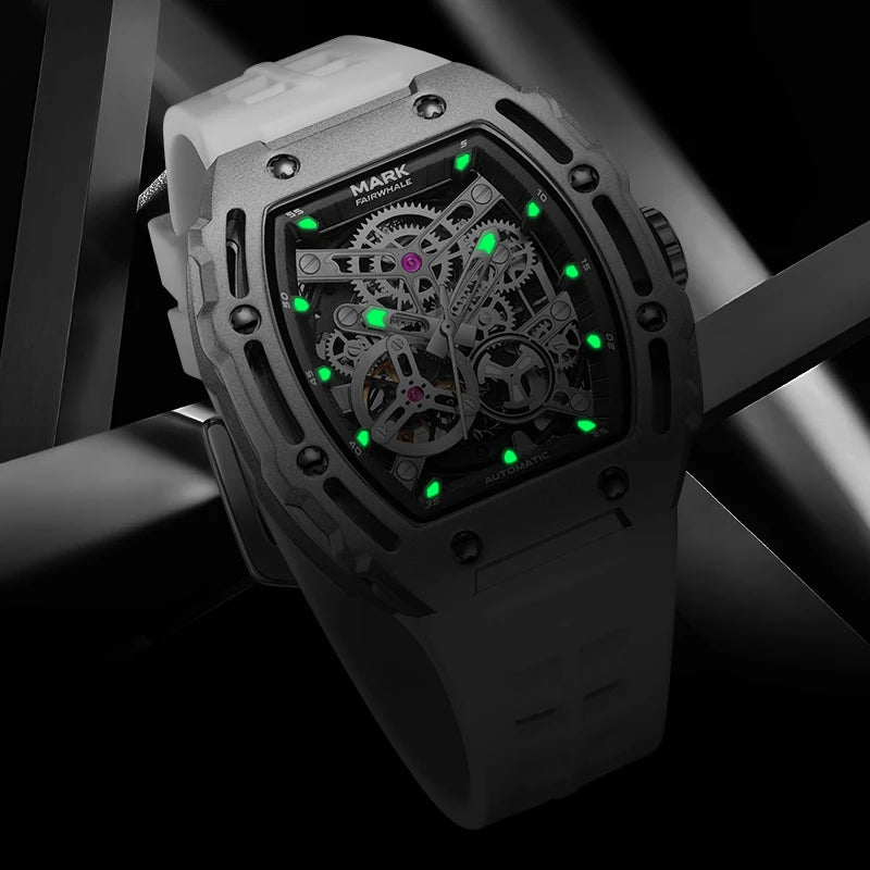 MARK FAIRWHALE Men Fashion Sport Tonneau watch Stainless Steel Case Silicone Strap Mechanical automatic movement Watches Men