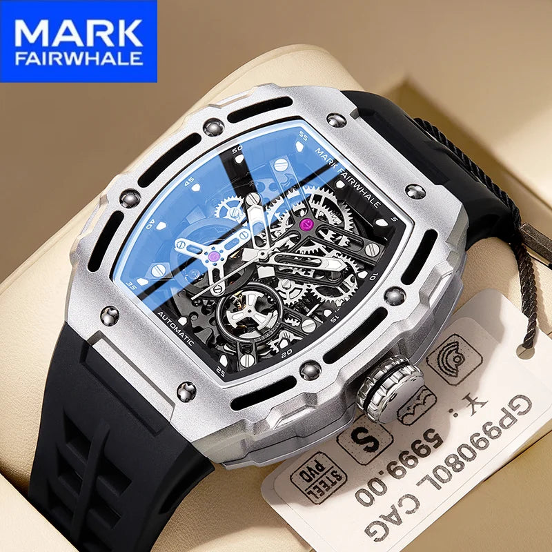 Mark Fairwhale  Fashion Hollow-out Case Tonneau Mens Mechanical Watches Transparent Bottom Automatic Movement reloj hombre