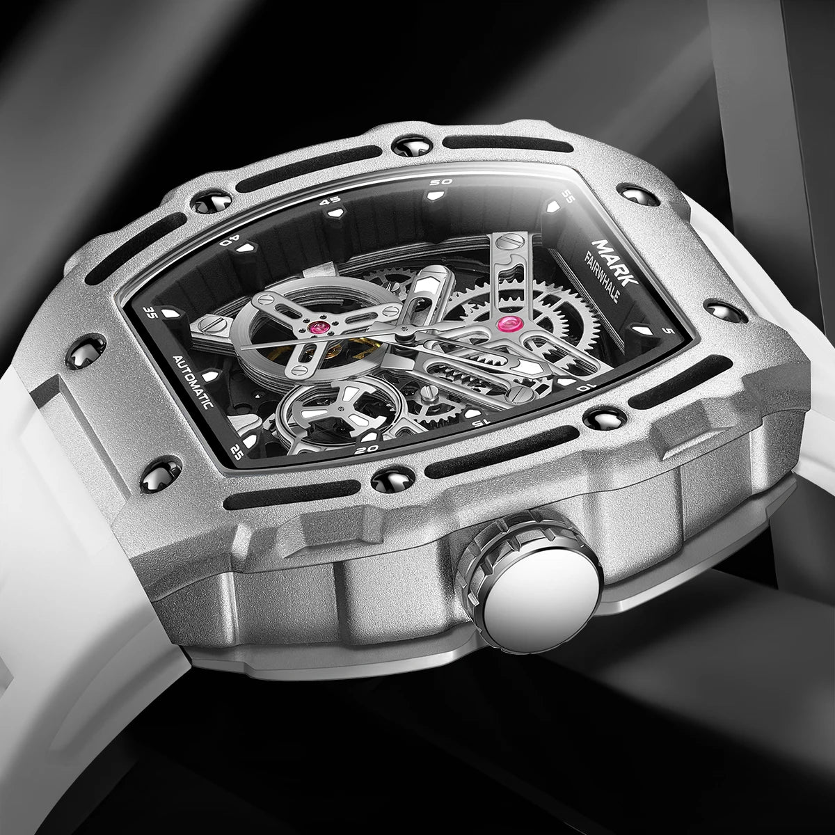 Mark Fairwhale  Fashion Hollow-out Case Tonneau Mens Mechanical Watches Transparent Bottom Automatic Movement reloj hombre