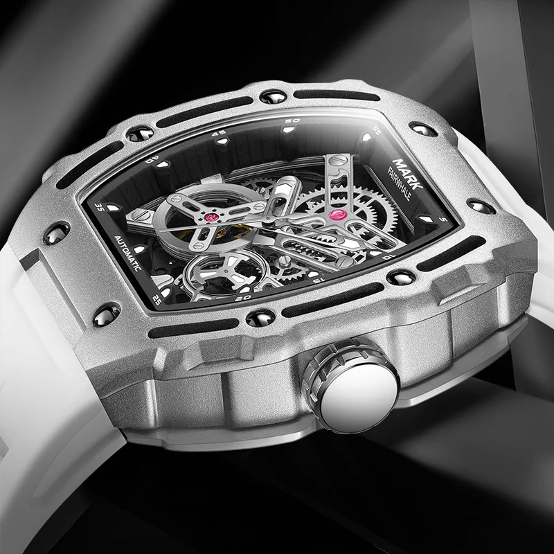 MARK FAIRWHALE Men Fashion Sport Tonneau watch Stainless Steel Case Silicone Strap Mechanical automatic movement Watches Men