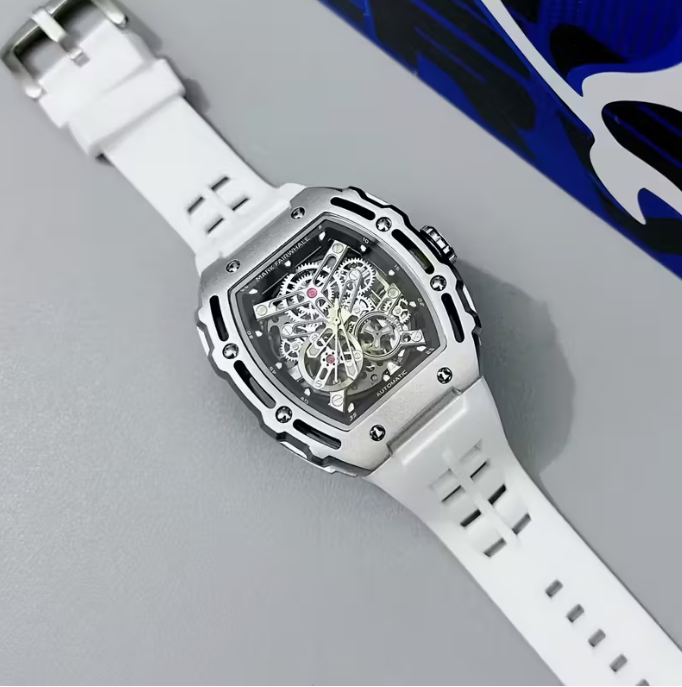 MARK FAIRWHALE Men Fashion Sport Tonneau watch Stainless Steel Case Silicone Strap Mechanical automatic movement Watches Men