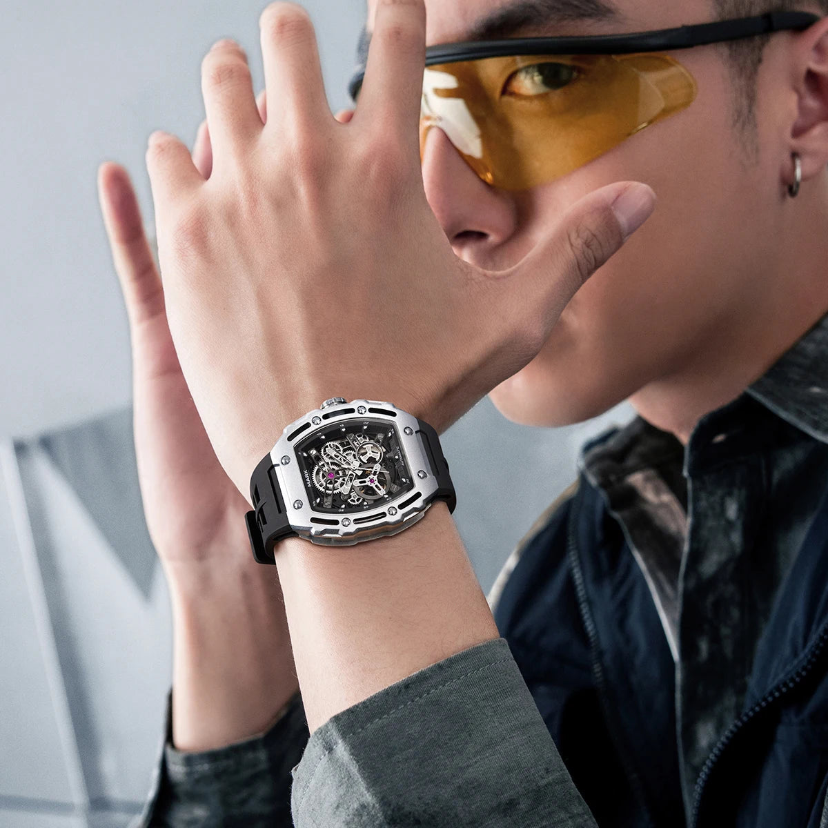 Mark Fairwhale  Fashion Hollow-out Case Tonneau Mens Mechanical Watches Transparent Bottom Automatic Movement reloj hombre
