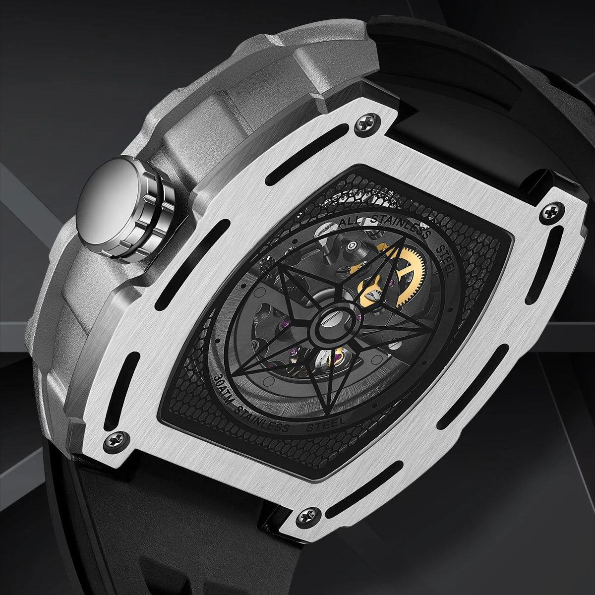 Mark Fairwhale  Fashion Hollow-out Case Tonneau Mens Mechanical Watches Transparent Bottom Automatic Movement reloj hombre