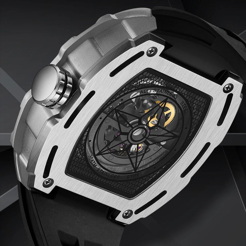 Mark Fairwhale  Fashion Hollow-out Case Tonneau Mens Mechanical Watches Transparent Bottom Automatic Movement reloj hombre detail view