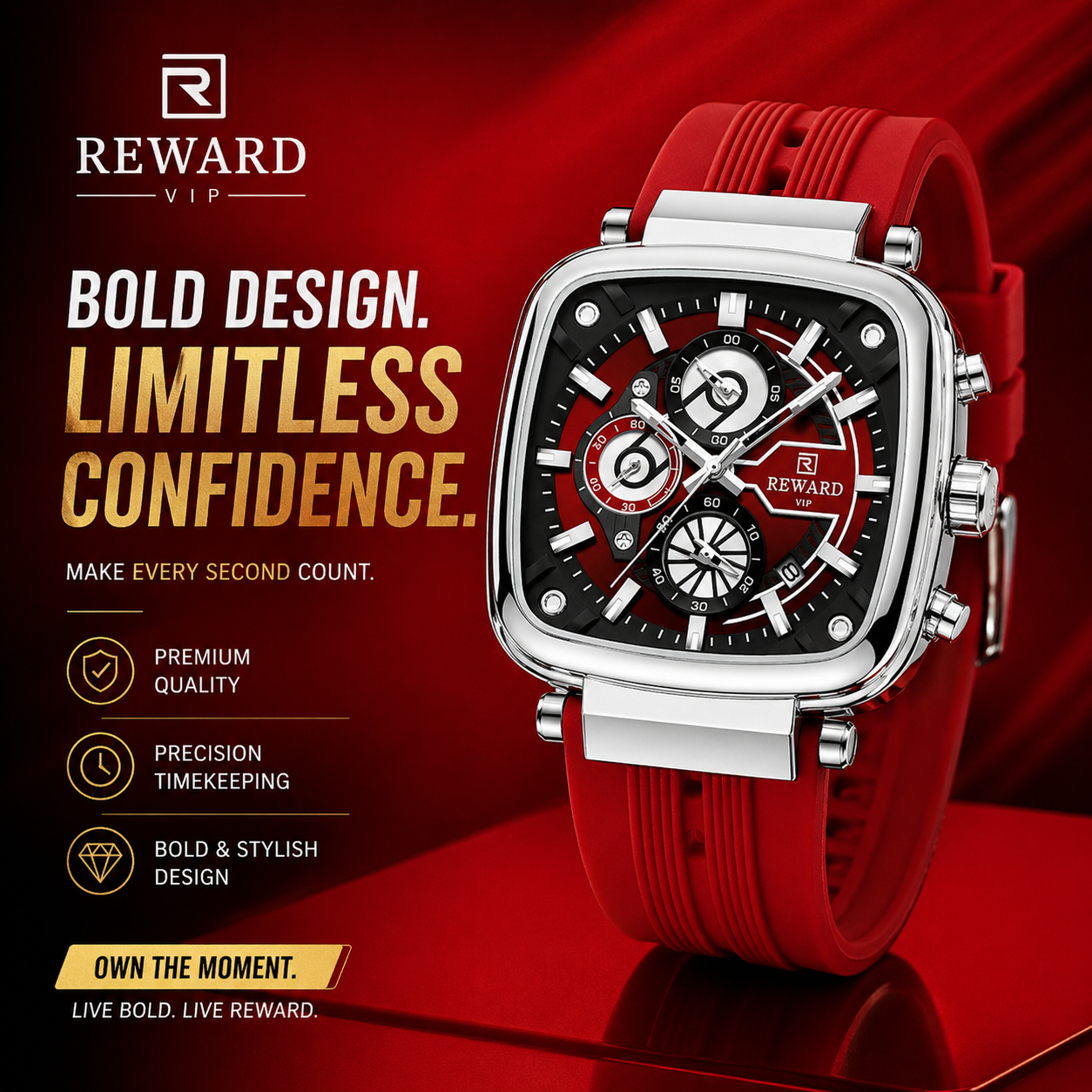 REWARD Casual Sport Quartz Man Watch Top Brand Luxury Red Watches Fashion Clock Man Silicone Strap